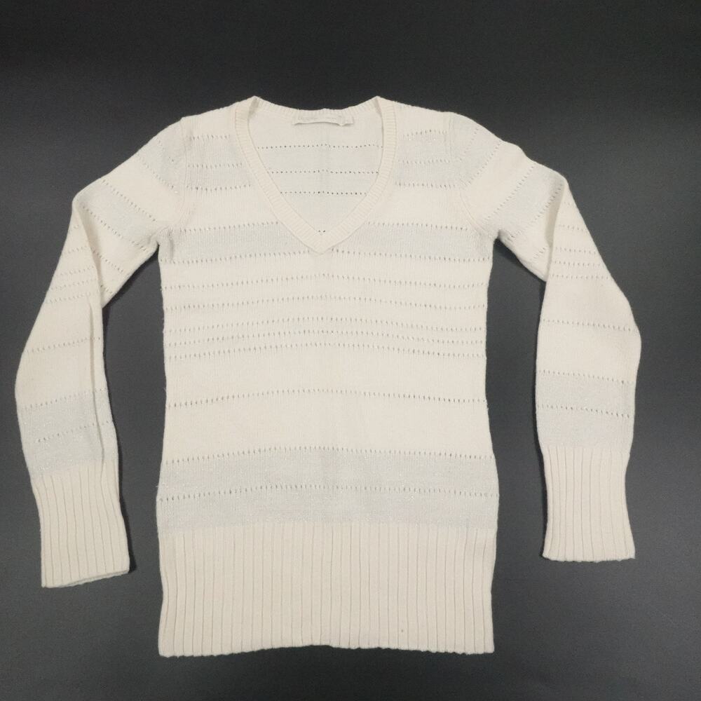 Y2K Old Navy Sweater Womens S Cream V Neck‎ Angora Lambs Wool Metallic Shimmer